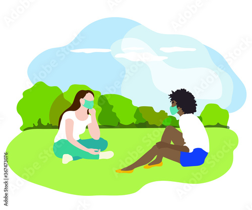 Two women in a park at a safe distance from each other. Flat style. Can be used during the prevention of coronavirus outbreak Covid-19. Vector illustration