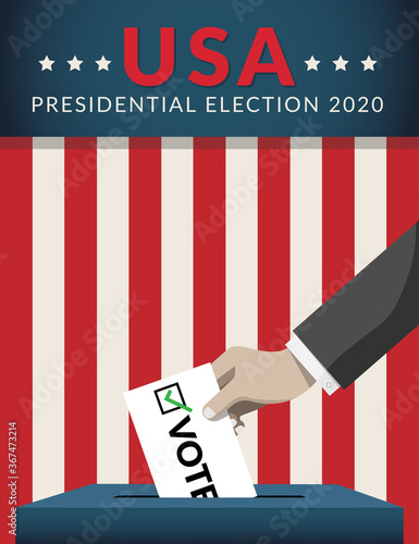 US Presidential election 2020 campaign concept. hand putting voting paper in the ballot box with american flag on background. Presidential election banner background. flat design, vector illustration.