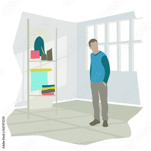 A man remains in isolation at home for independent quarantine. The concept of home quarantine, prevention COVID-19, coronavirus outbreak situation. Vector illustration