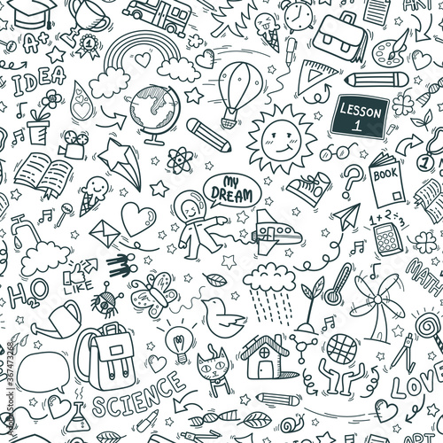 school doodle icons seamless pattern background. hand drawn education sign and stationery supply item and equipment symbols isolated on white background