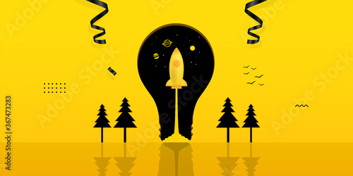 Spaceship launch inside light bulb on yellow background, business startup concept
