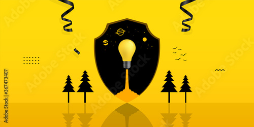 Light bulb launching inside shield hole on yellow background
