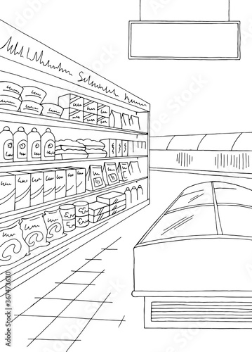 Grocery store shop interior black white graphic vertical sketch illustration vector