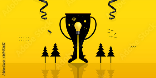 Light bulb launching inside trophy hole on yellow background