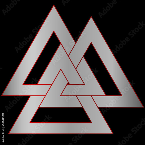Valknut interlocking triangle magic sacred symbol from norse heathen religion in silver foil effect on black background