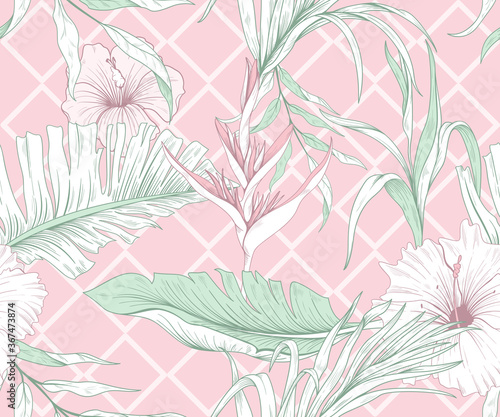 Seamless pattern with tropical leaves and pink exotic flowers