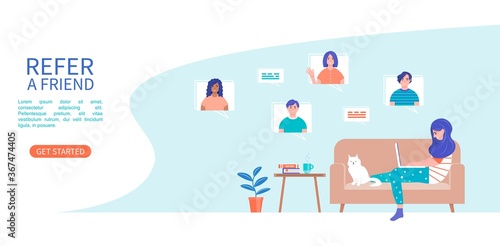 Referral marketing concept. Refer a friend to partnership and make money. Young woman with laptop chatting. Landing page, referrals marketing strategy banner, template, poster, mobile app, interface.