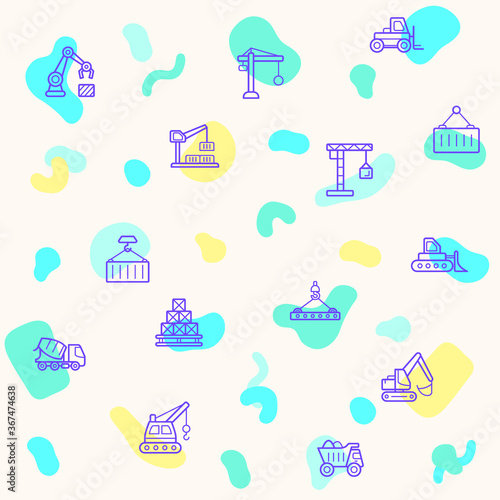 Seamless pattern on the theme of construction, crane, labor, industrial equipment, labor, truck, tools, bulldozer, machinery, concrete mixer truck and more. simple color icons on beige background.