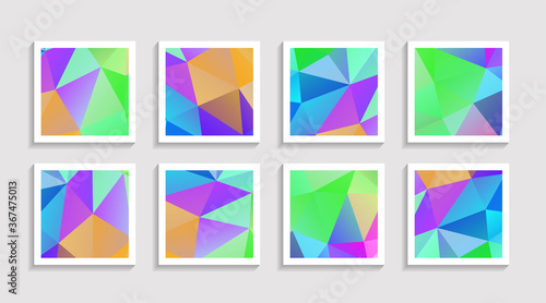 Modern mosaic low poly artwork poster set with simple shape and figure. Abstract minimalist pattern design style for web  banner  business presentation  branding package  fabric print  wallpaper.