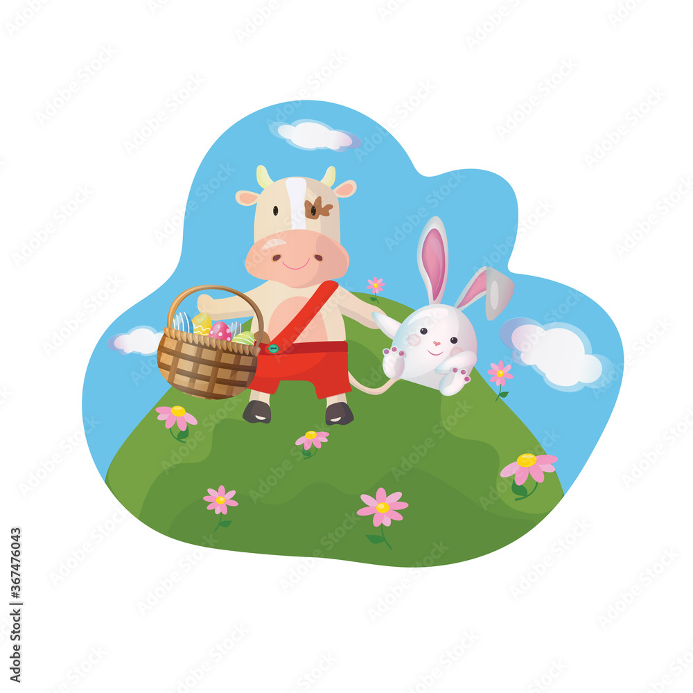 Easter greeting card with chinese new year 2021 symbol ox and a white rabbit. Vector illustration. Easter greeting card with chinese new year 2021 symbol ox and a white rabbit. Vector illustration.