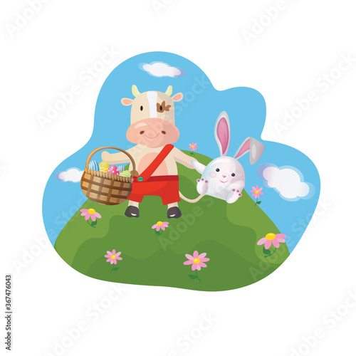 Easter greeting card with chinese new year 2021 symbol ox and a white rabbit. Vector illustration.