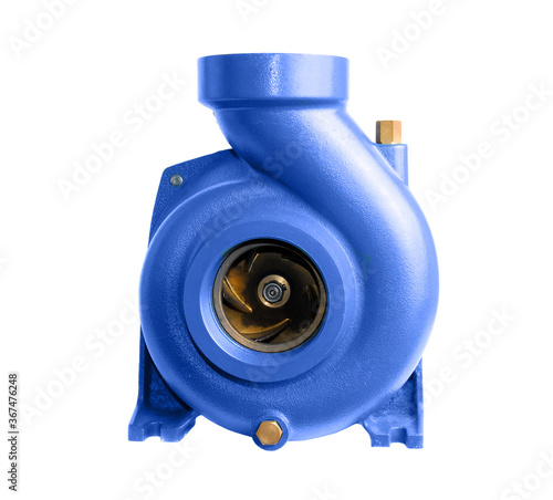 Power centrifugal water pump with electric motor on a white.