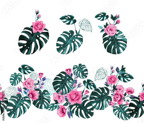 Tropic seamles border with monstera flowers, palm, tropical roses, blossom leaves, monstera leaf. Watercolor print. Summer seamless pattern background with floral elements on white backdrop.