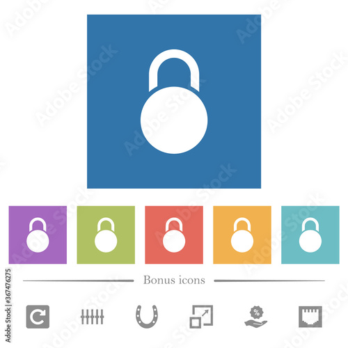 Locked round padlock flat white icons in square backgrounds