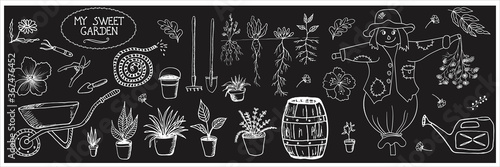Collection of garden tools,plants and scarecrow. Hand drawn sketches. Isolated elements in Doodle style. Vector illustration on chalkboard background.