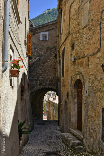 A narrow street in the old buildings of San Donato Val di Comino, a medieval village in the Lazio region.
