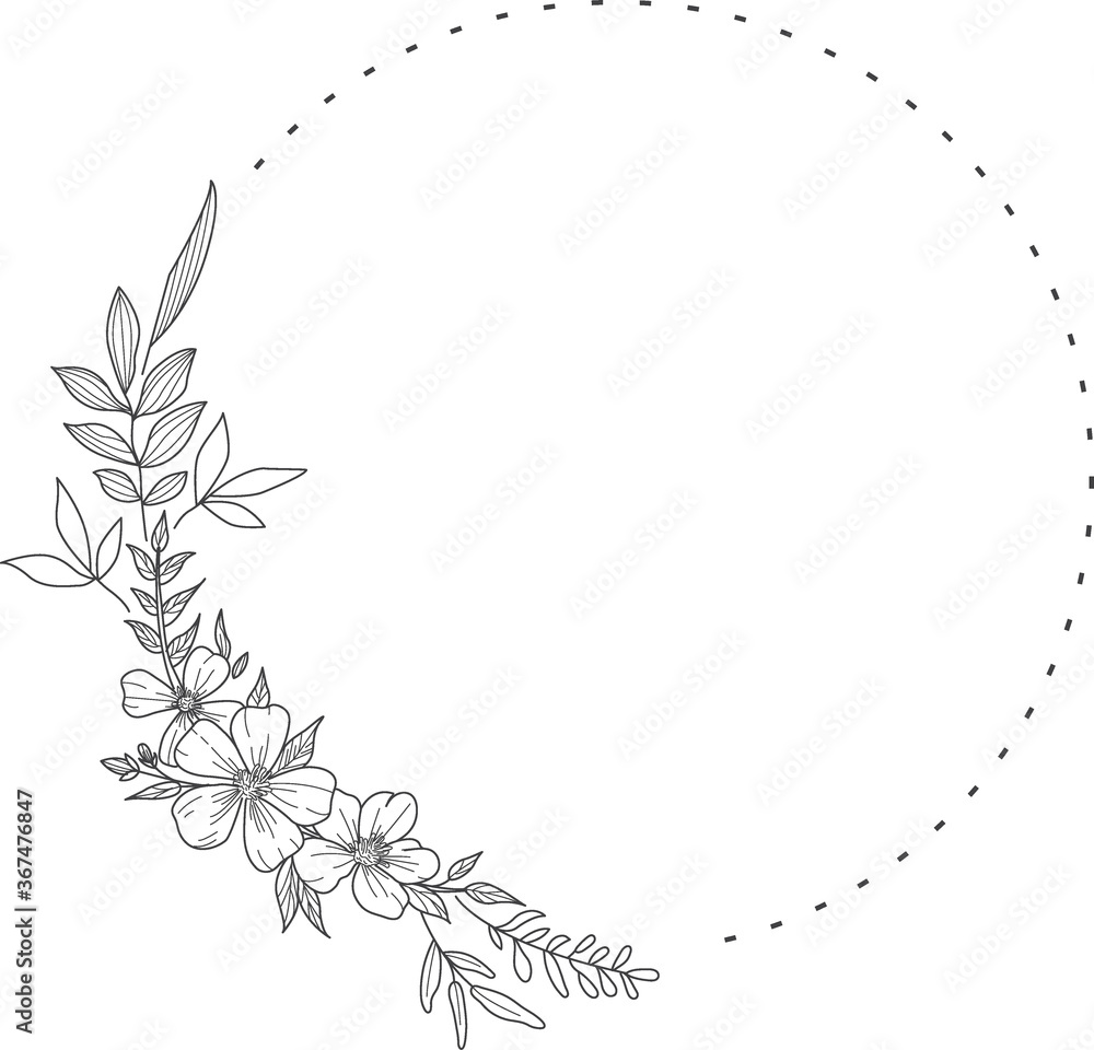 Floral Wreath branch in hand drawn style. Floral round black and white frame of twigs, leaves and flowers. Frames for the Valentine's day, wedding decor, logo and identity template. Floral Wreath branch in hand drawn style. Floral round black and white frame of twigs, leaves and flowers. Frames for the Valentine's day, wedding decor, logo and identity template.