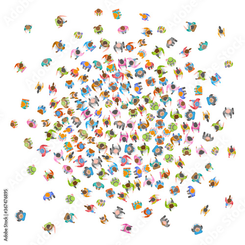 People crowd on white background. Top view. A large group of people. View from above.