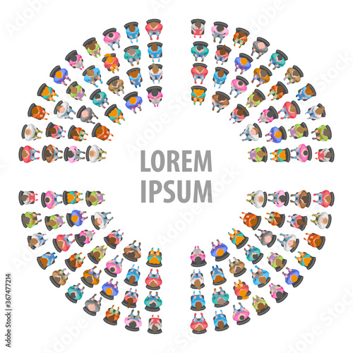 People, men, women sit in chairs in the audience. Top view. People sit in the shape of a round frame. View from above.