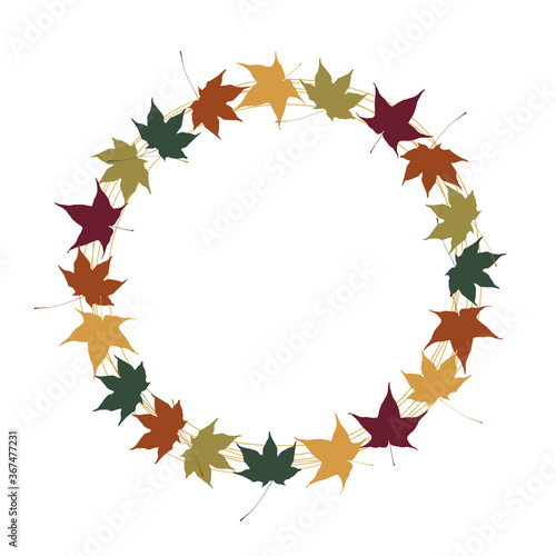 Wreath of colorful autumn leaves isolated in white background.