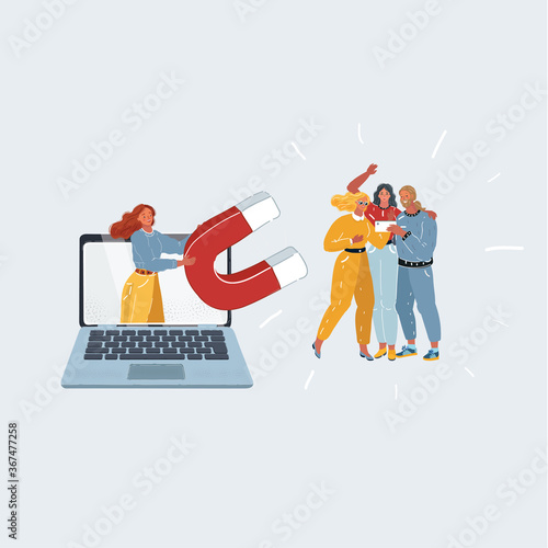 Cartoon illustration of social campaign. Woman hold in her Hand a magnet that attracting people, subscribers and followers on white background.