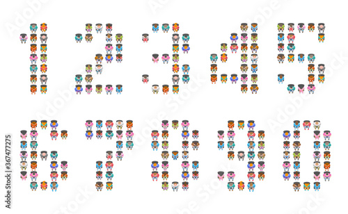 Sitting people form the shape of numbers. Top view. People, men, women sit in chairs in the audience. View from above.