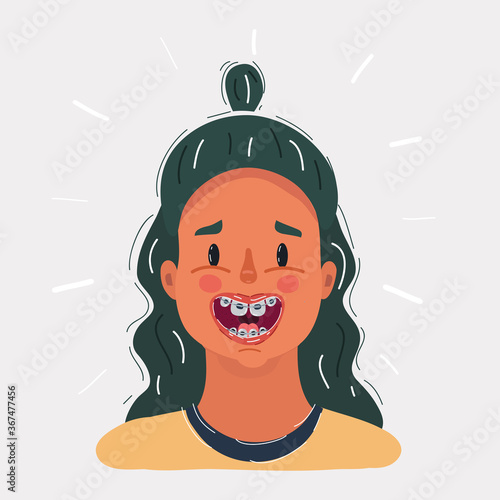Cartoon illustration of smiling kid. Girl with braces on his teeth. Portrait on white background.