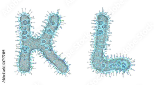 Set of letters made of virus isolated on white background. Capital letter K, L. 3d rendering. Covid font photo