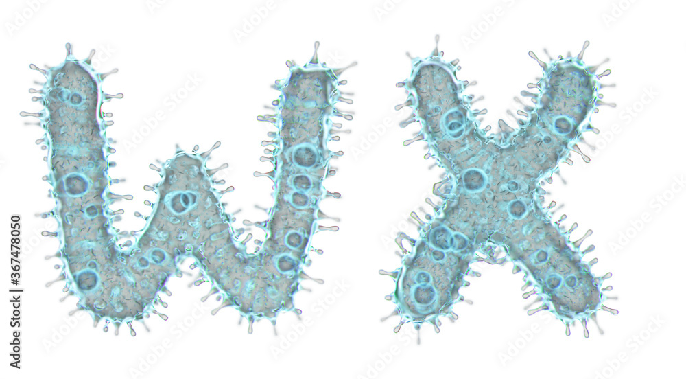 Set of letters made of virus isolated on white background. Capital letter W, X. 3d rendering. Covid font