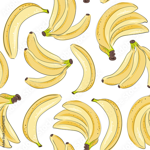 Hand drawn seamless pattern of isolated banana. Engraved colored art. Delicious tropical vegetarian objects. Use for restaurant, menu, smoothie bowl, market, store, party decor, meal. Fruit textile