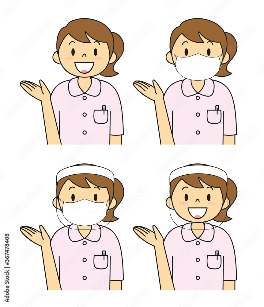 白衣姿の若い女性 マスク フェイスシールド セット イラスト