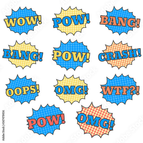 Ttext patches. Comic book speech bubble. Sticker bam badge