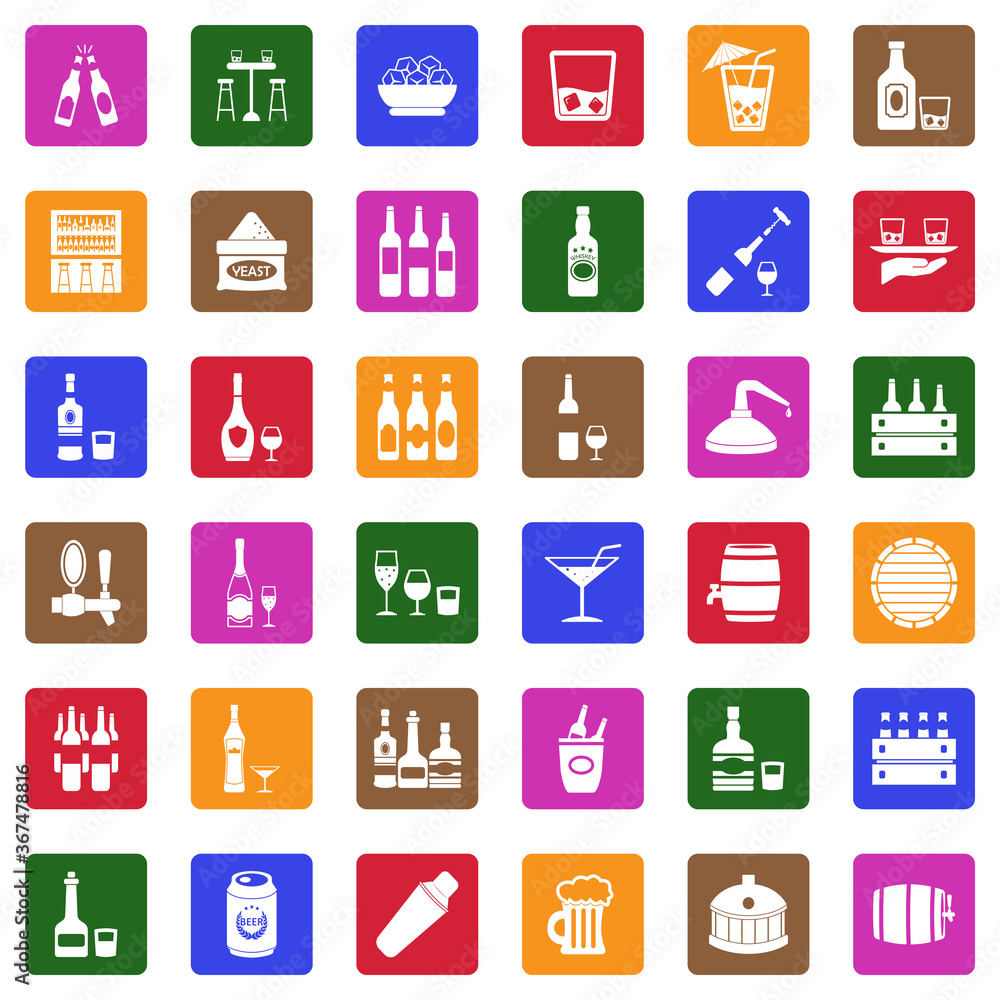 Alcoholic Drinks Icons. White Flat Design In Square. Vector Illustration. Alcoholic Drinks Icons. White Flat Design In Square. Vector Illustration.
