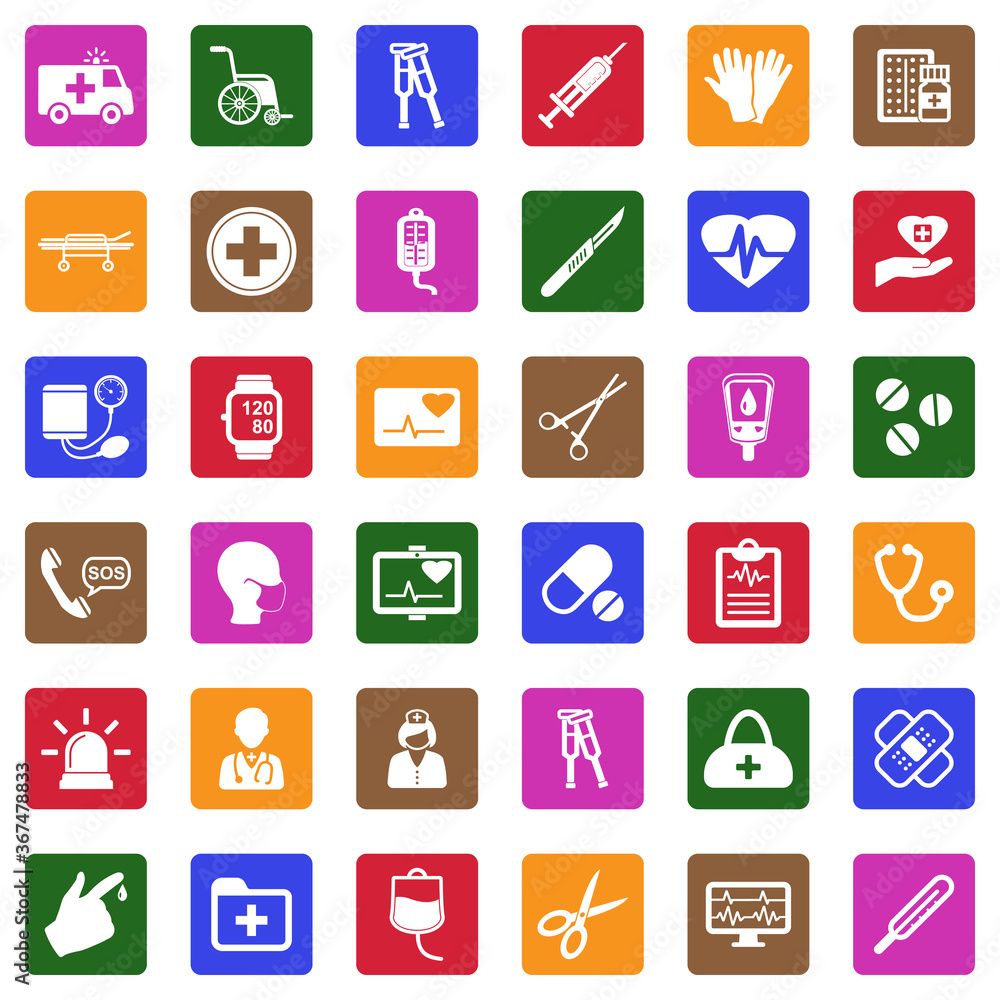 Ambulance Icons. White Flat Design In Square. Vector Illustration. Ambulance Icons. White Flat Design In Square. Vector Illustration.