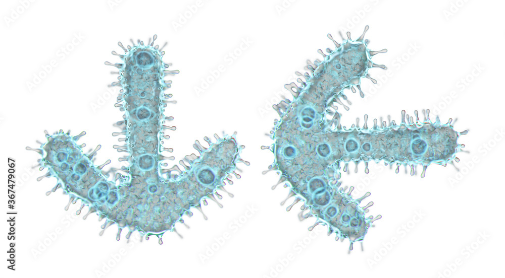 Alphabet made of virus isolated on white background. Symbol arrow to down and left arrow. 3d rendering. Covid font
