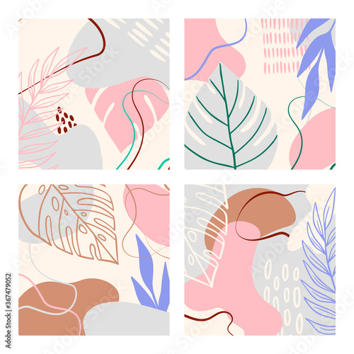 Abstract tropical set background with geometric shapes, palm leaves in pastel colors. Blue, pink, brown modern collage for posters. Vector illustration in trendy style abstract design,monstera leaf