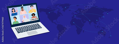 Online virtual meetings with world map. Vector