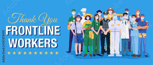 Thank You Frontliners Concept. Various occupations people wearing protective masks. Vector