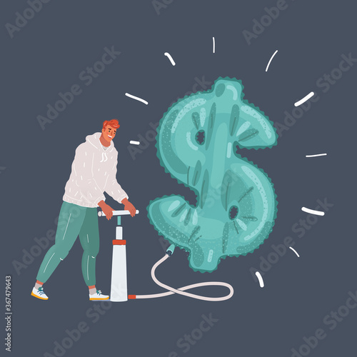 Cartoon illustration of man pumps a big air ballon inflatable dollar on dark background. Character with pumper on dark background. Lot of money concept.