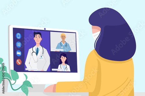 Video conferencing at home, Close-up woman wearing face mask having video call with doctors at home. Vector