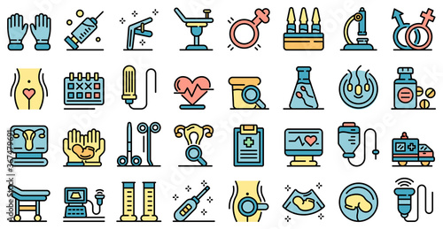 Gynecologist icons set. Outline set of gynecologist vector icons thin line color flat on white