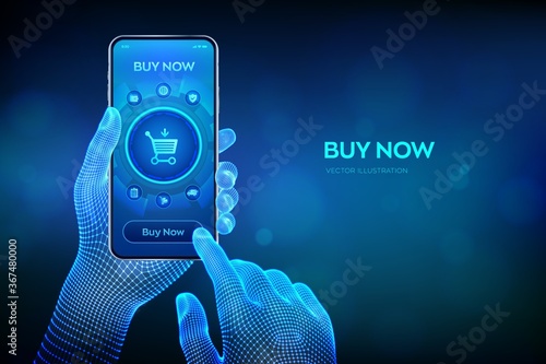 E-commerce. Internet shopping. Online purchase. Business, internet and technology concept ov virtual screen. Add to cart On-line shopping. Closeup smartphone in wireframe hand. Vector illustration.