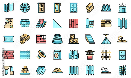 Construction materials icons set. Outline set of construction materials vector icons thin line color flat on white