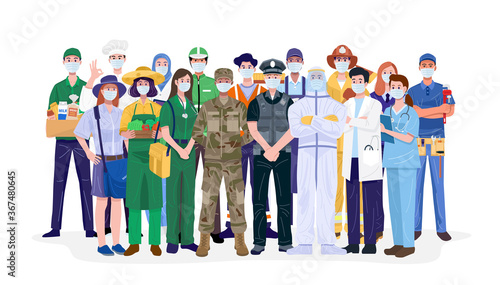 Essential workers, Various occupations people wearing face masks. Vector