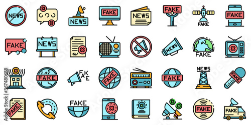 Fake news icons set. Outline set of fake news vector icons thin line color flat on white