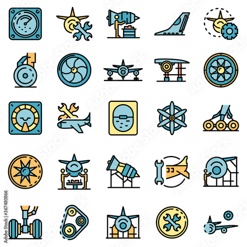 Aircraft repair icons set. Outline set of aircraft repair vector icons thin line color flat on white