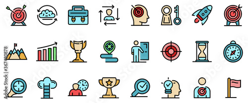 Mission icons set. Outline set of mission vector icons thin line color flat on white