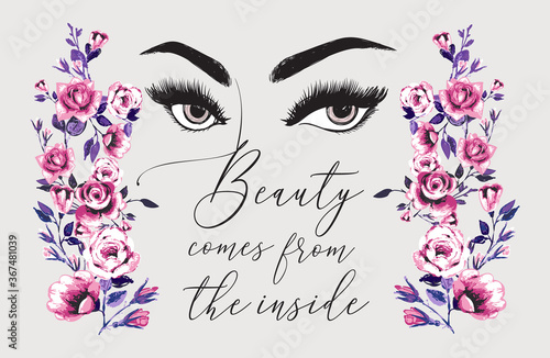 Eyebrow and eyelash of woman, flower rose branch, beauty salon quote. Vector fashion illustrations. Beautiful graphic on white background. Design for logo, t shirt and uniform for beauty salon.