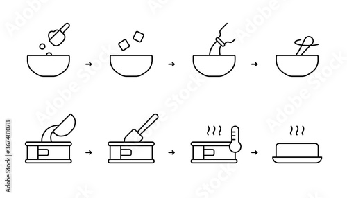 Baking mix instruction. Steps for cooking homemade biscuit, muffin, bread in oven. Dry powder, butter, milk, water, bowl, cake pan, spatula, spoon. Linear icons set. Black contour vector illustration