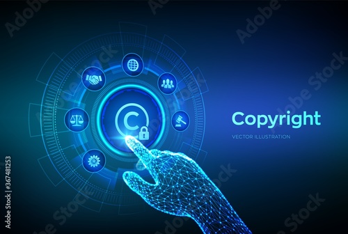 Copyright. Patents and intellectual property protection law and rights. Protect business ideas and headhunter concepts. Robotic hand touching digital interface. Vector illustration.